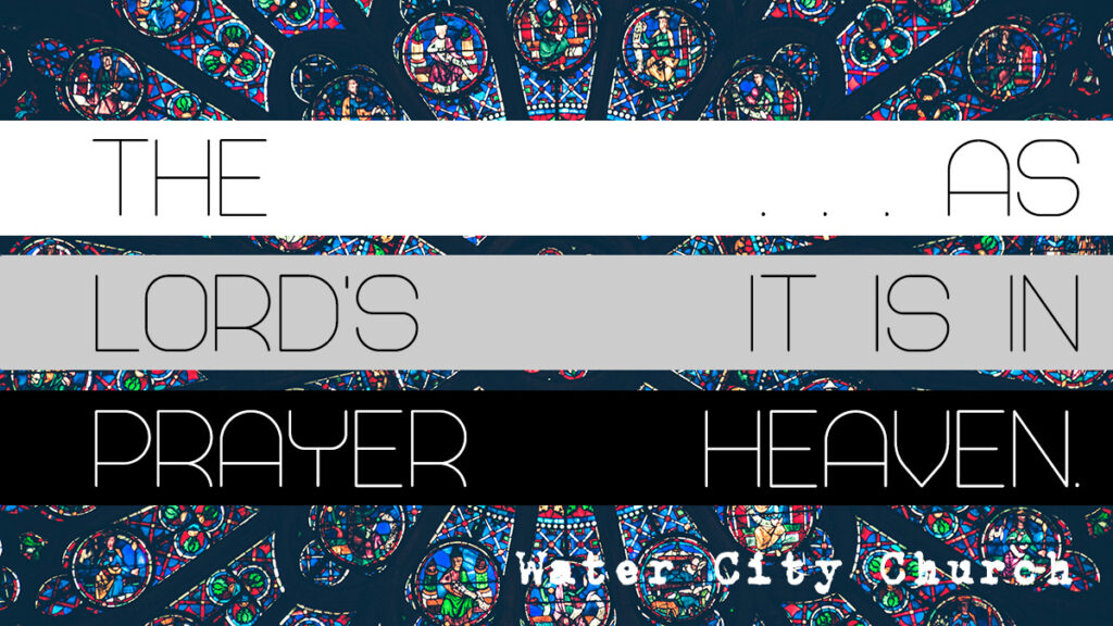 Stained glass background with the Lord's Prayer wording in foreground.