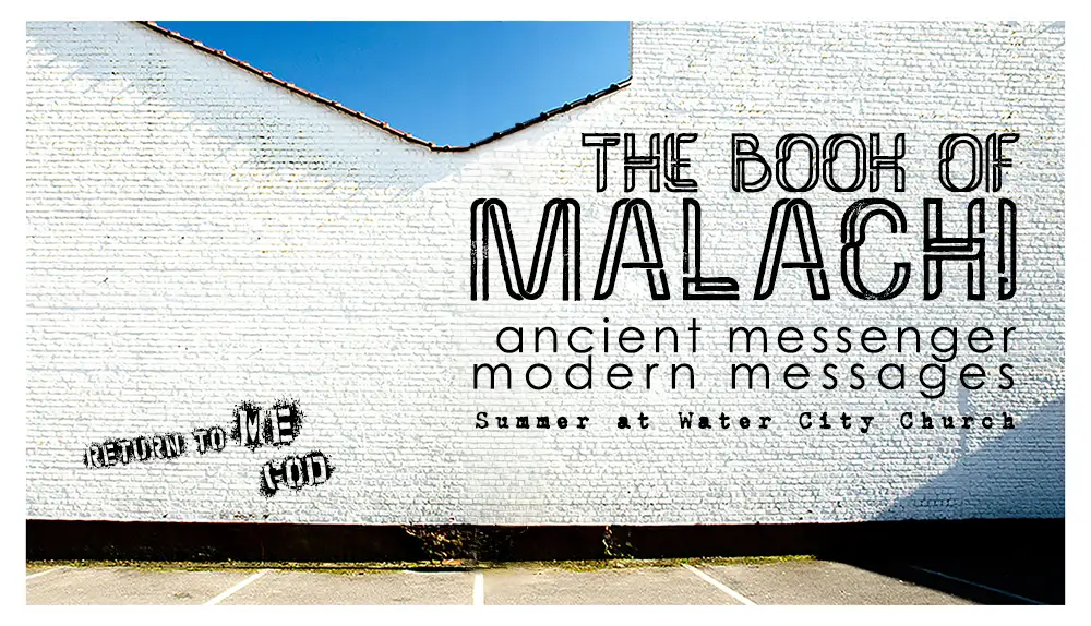 White brick wall with the logo for the Book of Malachi series painted on it.